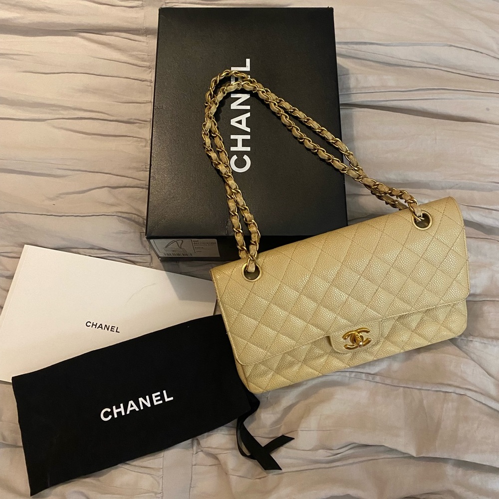 Authentic Chanel Vintage (late 1990s) small double flap purchase in cream/yellow